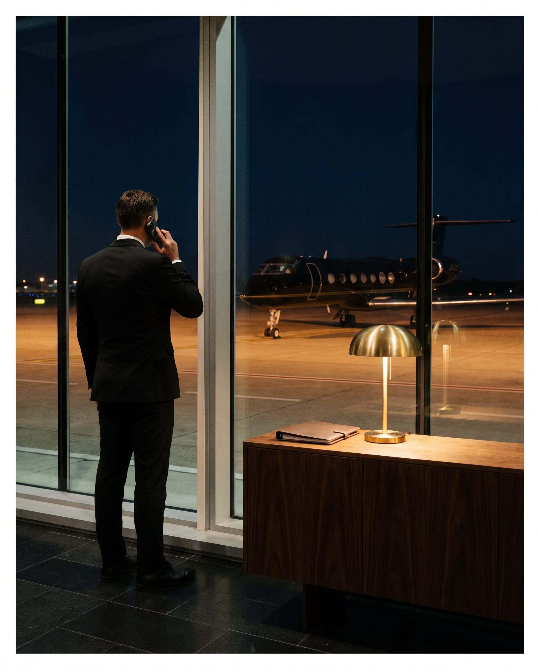 A concierge on the phone in a private terminal at night, a black jet waiting outside